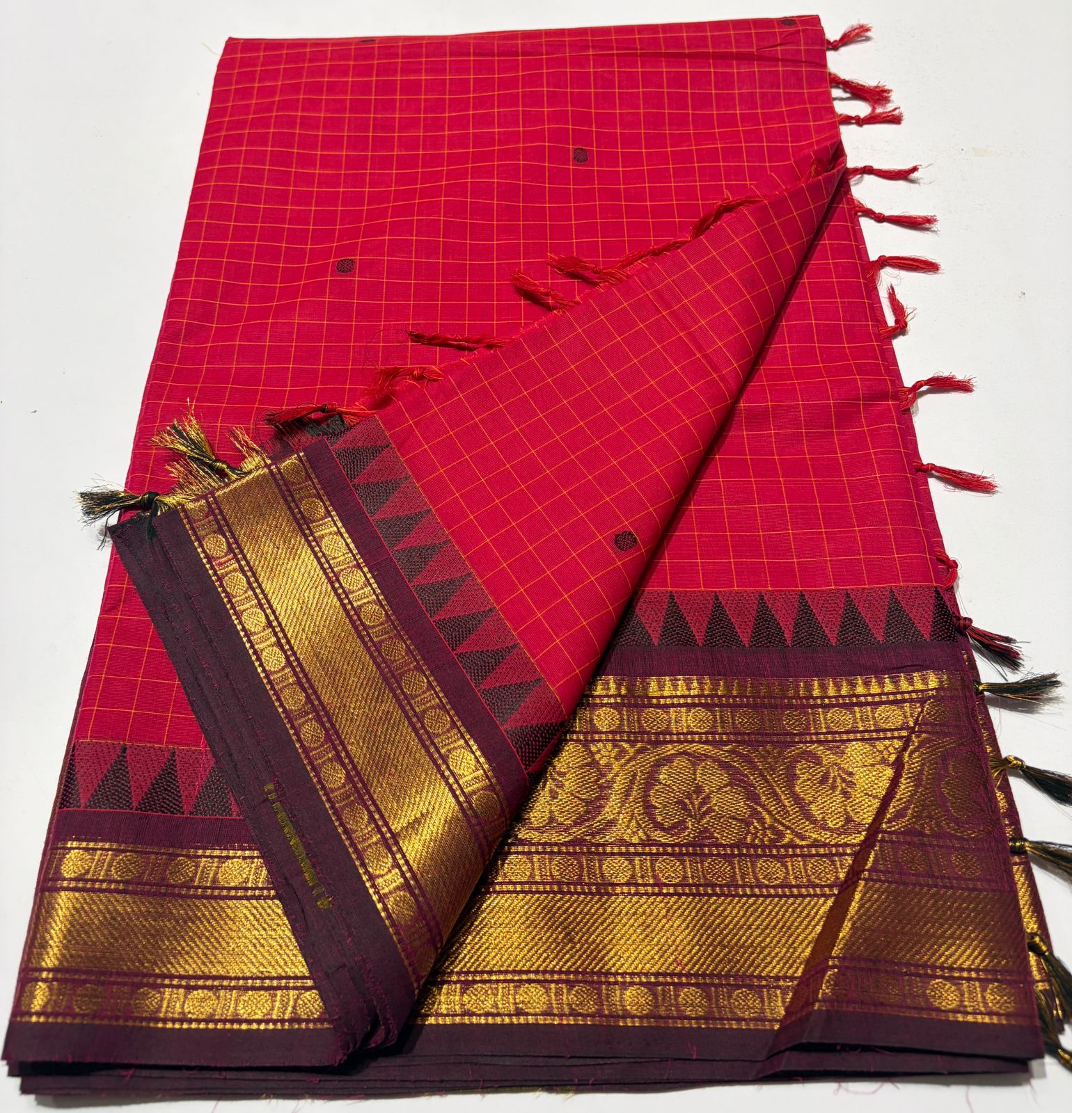 Blue body with a micro-check pattern Gadwal Cotton Silk Saree